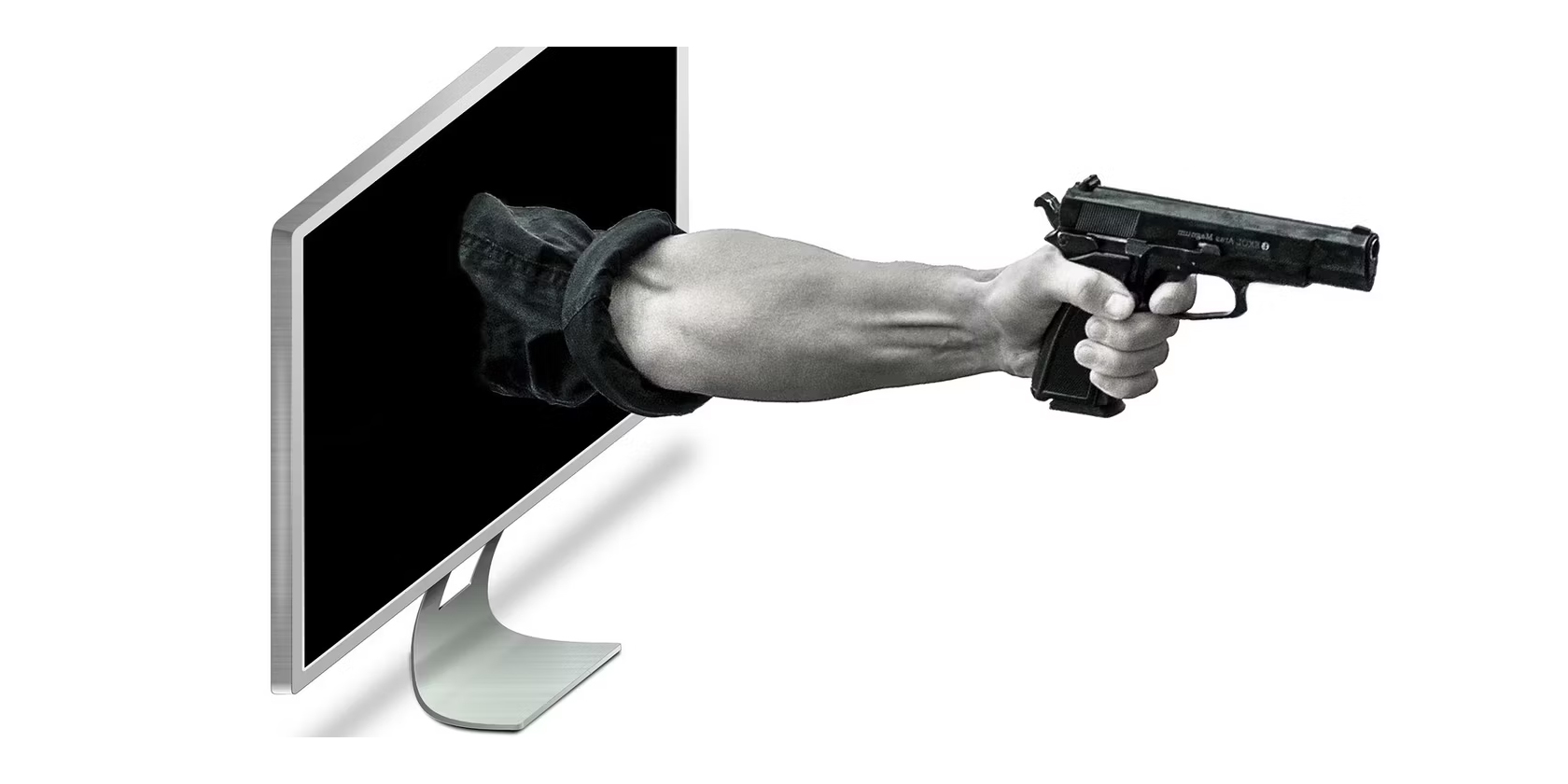 Hand-breaking-through-a-laptop-screen-with-gun